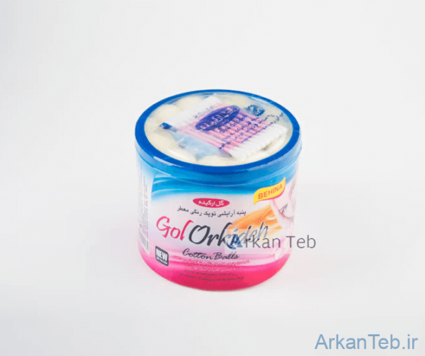 تصویر پنبه توپک قوطی دو نوع رنگی معطر و سفید به همراه گوش پاک کن اشانتیون ( گل ارکیده )